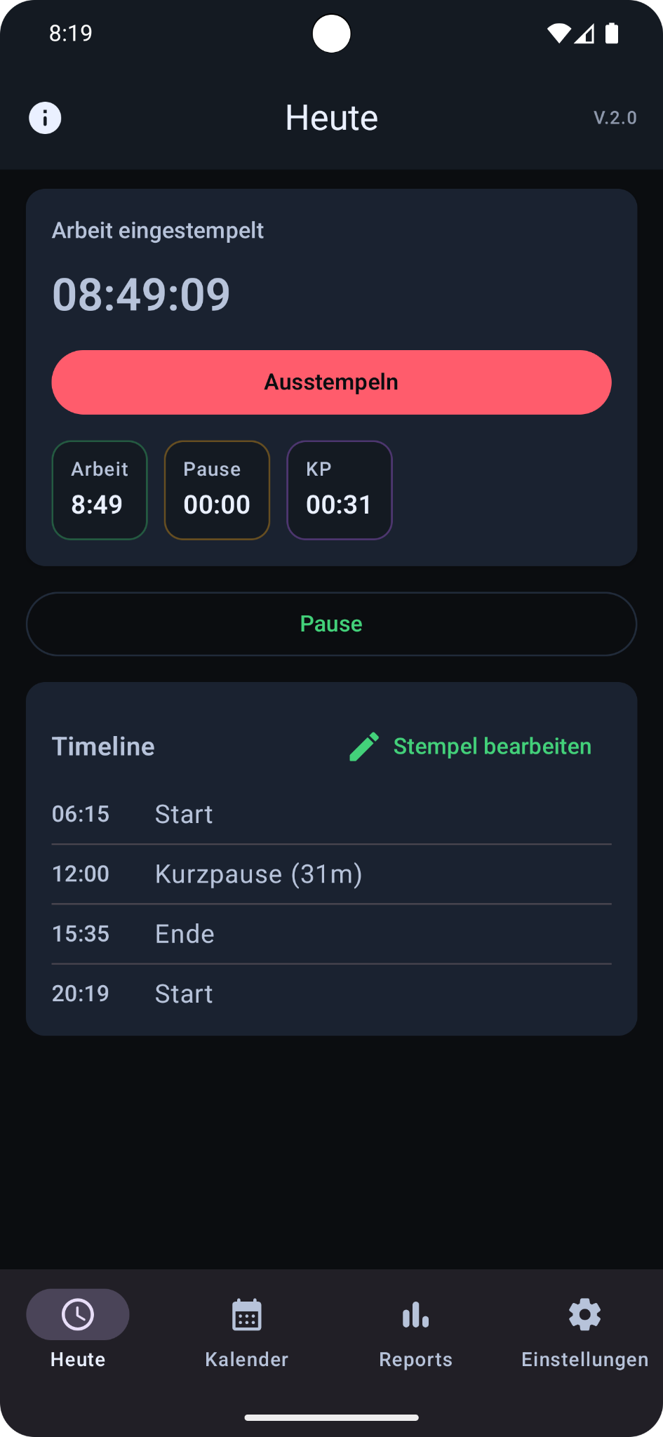 Worktimer: Heute – Stempeln und Tagesübersicht