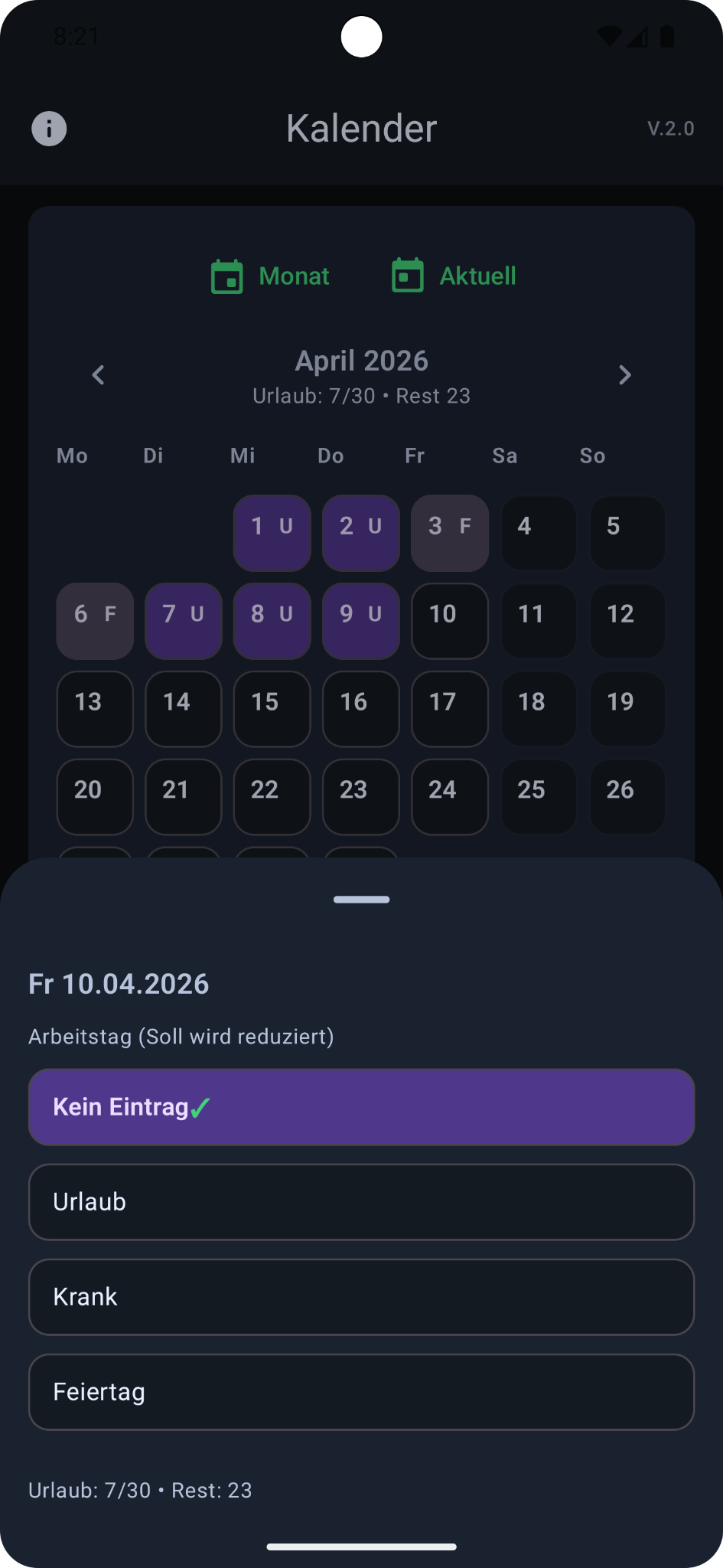 Worktimer: Kalender mit Urlaub, Krank und Feiertagen