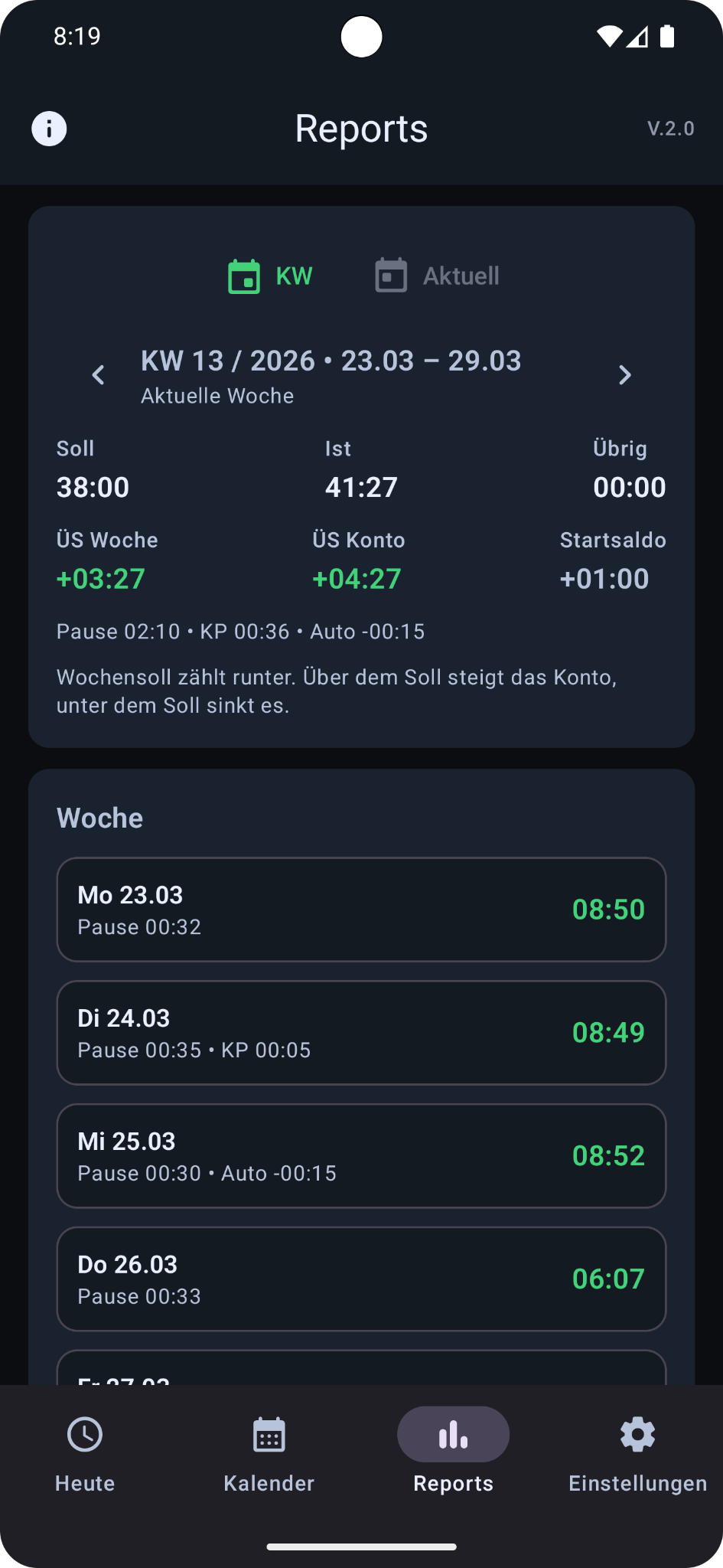 Worktimer: Reports mit Wochenziel und Überstundenkonto