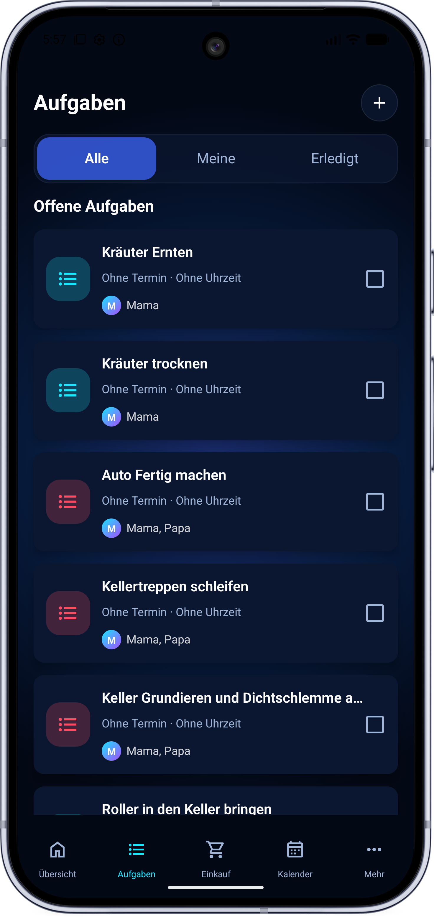 FamilyFlow Aufgabenliste mit offenen Aufgaben und Zuständigkeiten