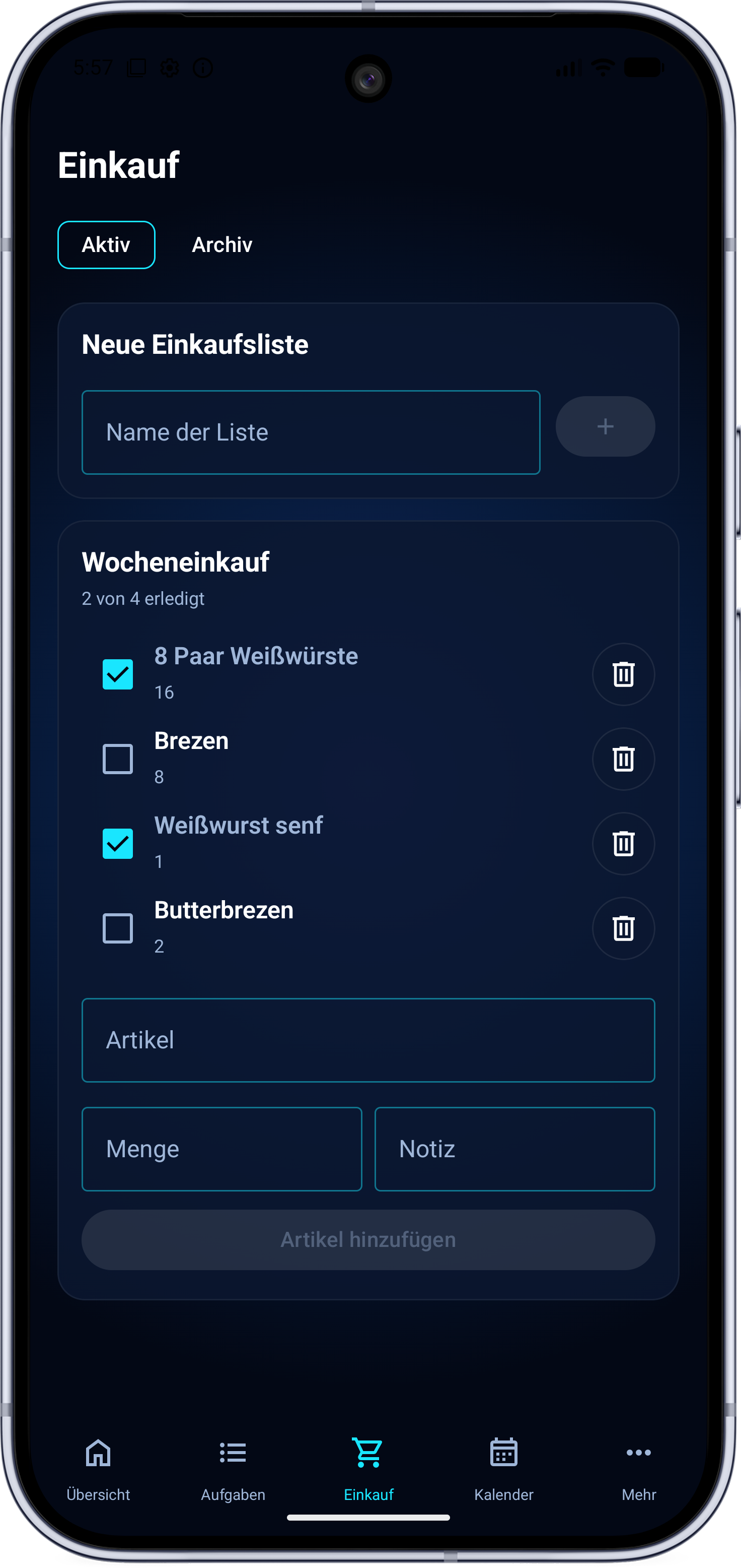 FamilyFlow Einkaufsliste mit Artikeln und erledigten Einträgen