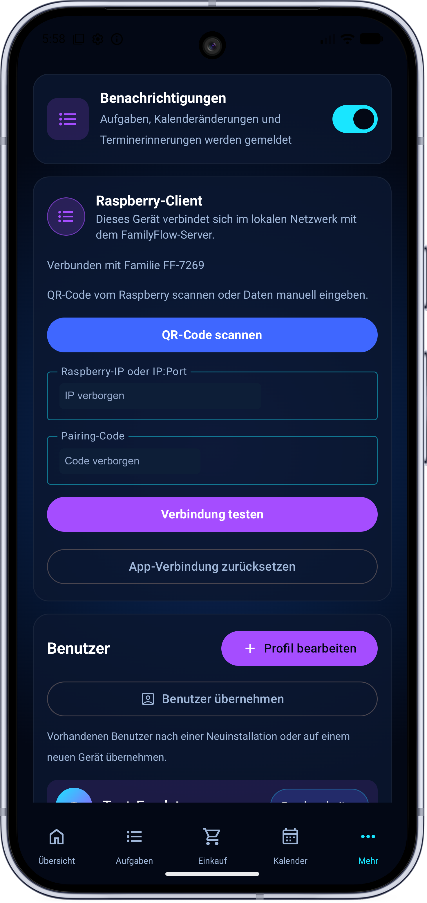 FamilyFlow lokale Raspberry-Verbindung mit unkenntlicher IP und unkenntlichem Pairing-Code