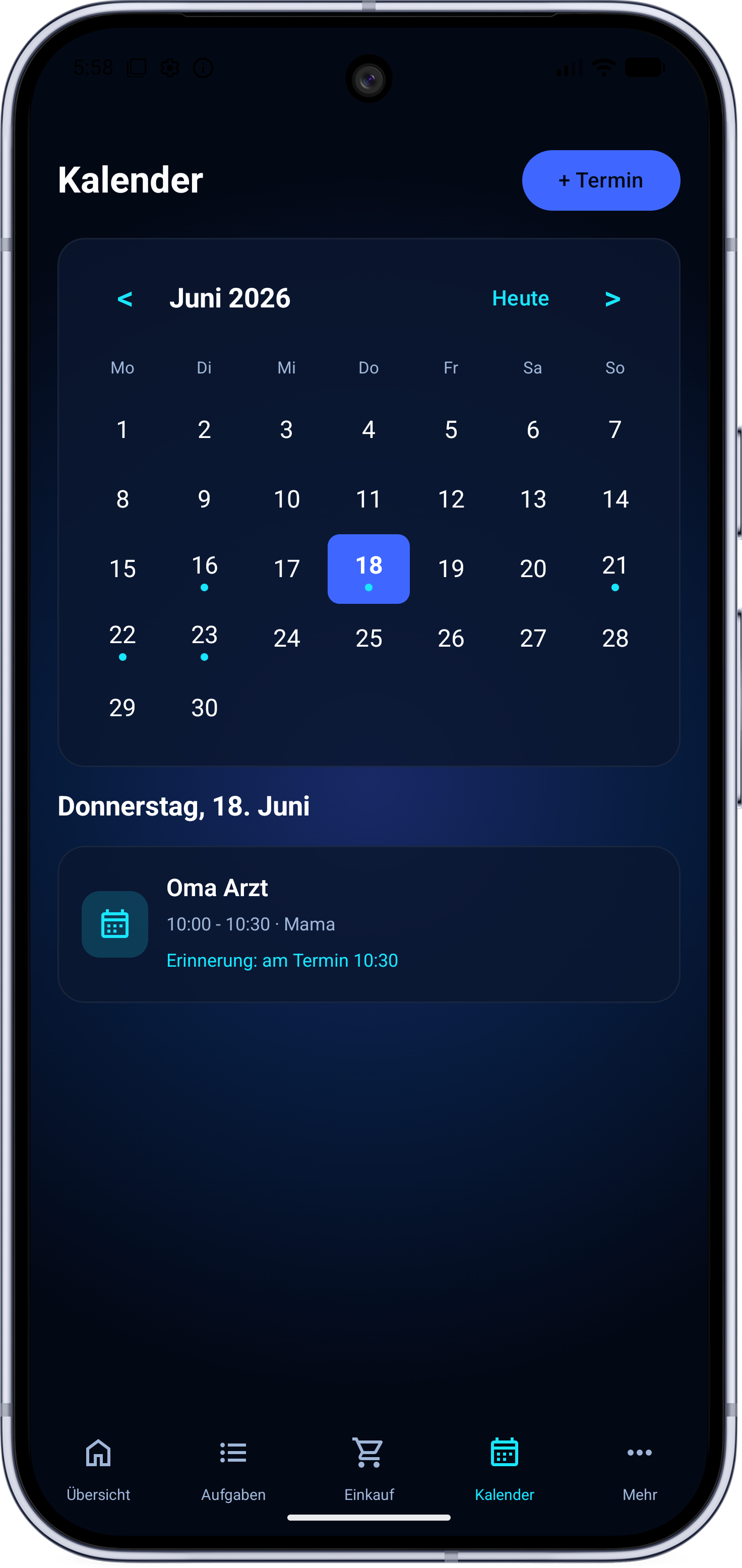 FamilyFlow Kalender mit Monatsansicht und Termin