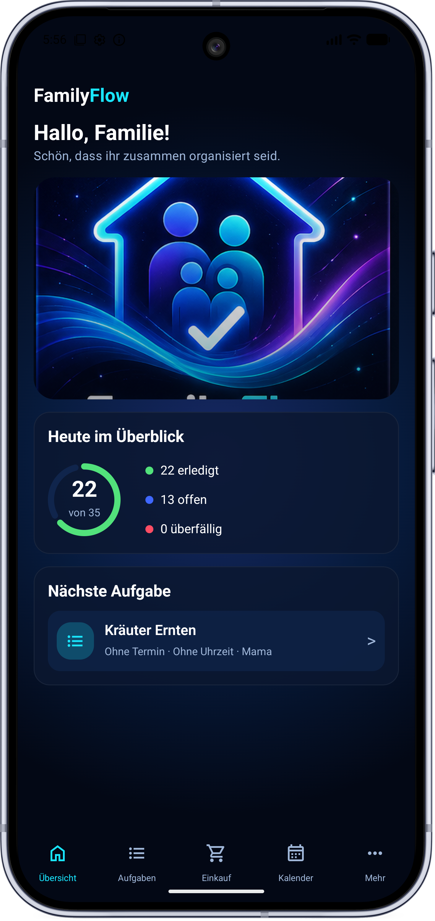FamilyFlow Übersicht mit Tagesstatus und nächster Aufgabe