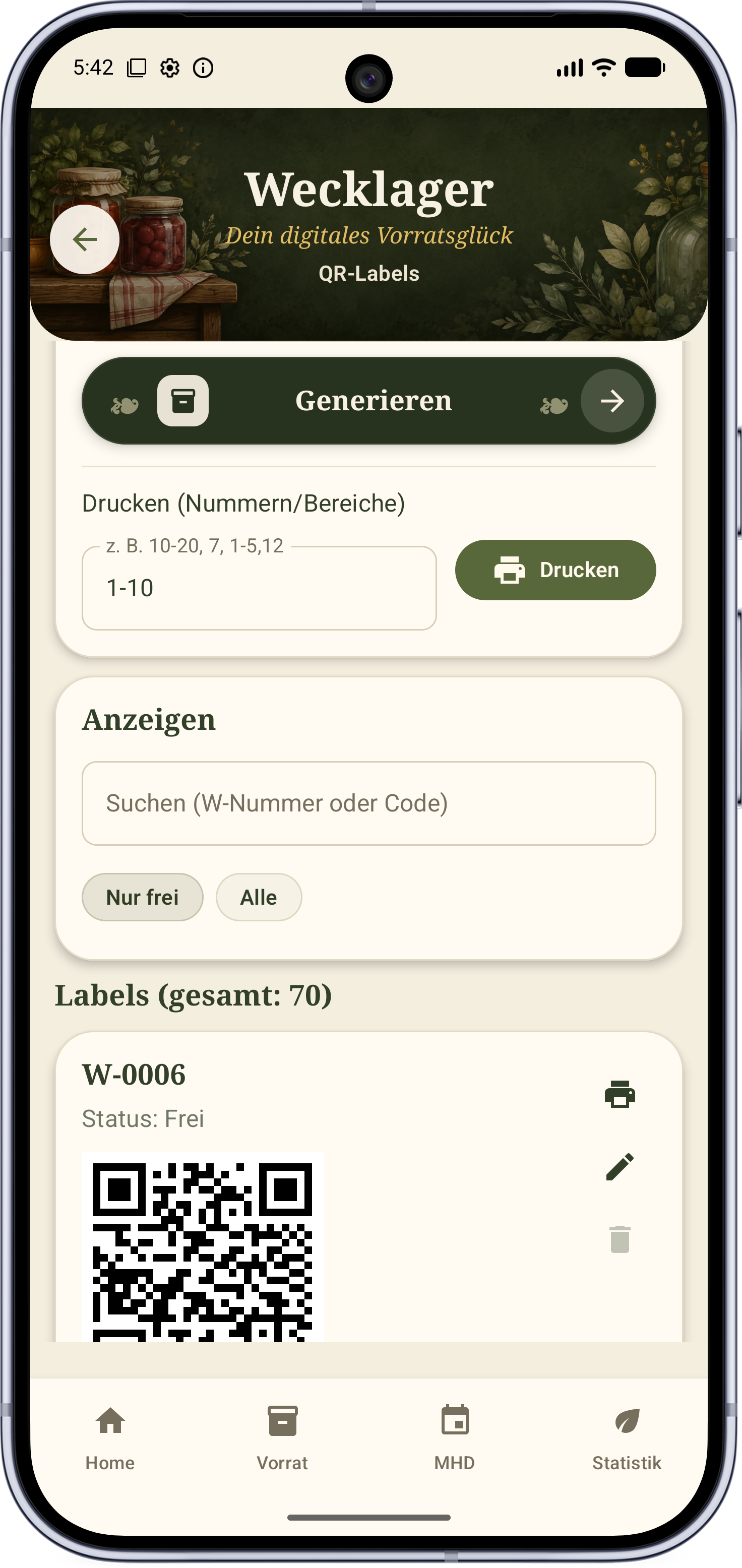 Wecklager QR-Labels generieren, drucken und anzeigen