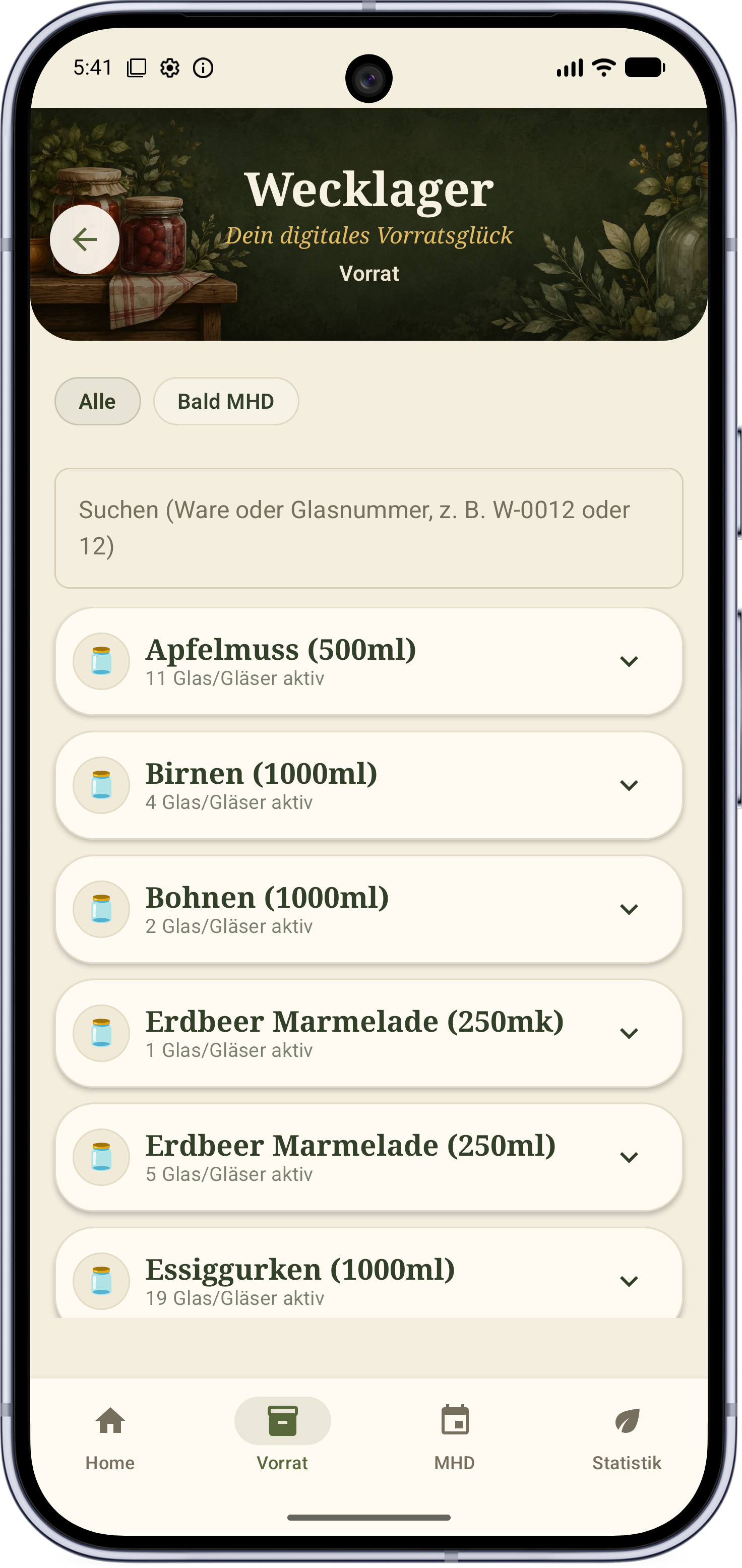 Wecklager Vorratsliste mit Produkten und aktiven Gläsern